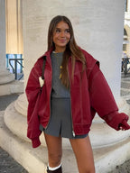 Bomber Jacket Oversized Burgundy Women's Zip-Up Collared – Casual, Holiday, Everyday Layering