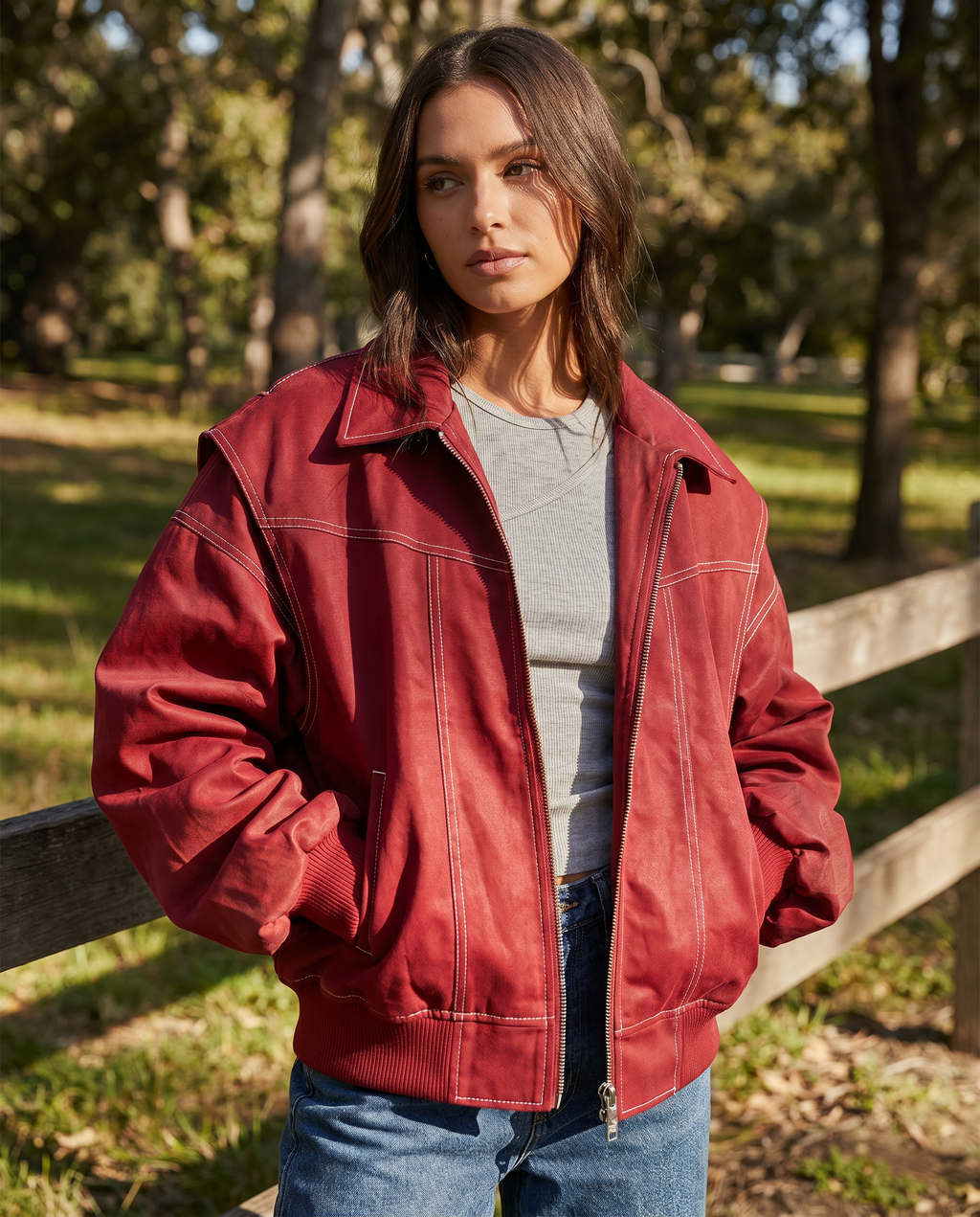 Bomber Jacket Oversized Burgundy Women's Zip-Up Collared – Casual, Holiday, Everyday Layering