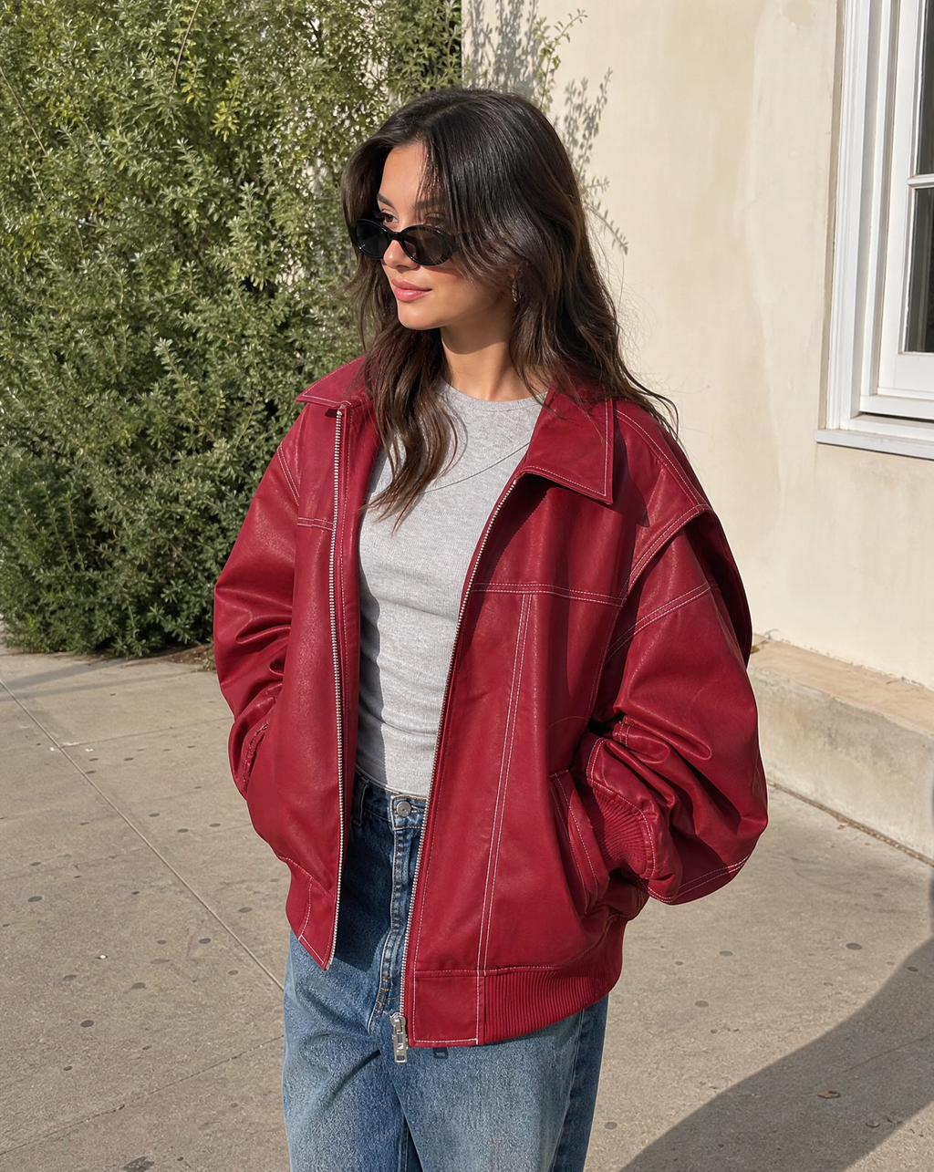 Bomber Jacket Oversized Burgundy Women's Zip-Up Collared – Casual, Holiday, Everyday Layering