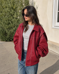 Bomber Jacket Oversized Burgundy Women's Zip-Up Collared – Casual, Holiday, Everyday Layering