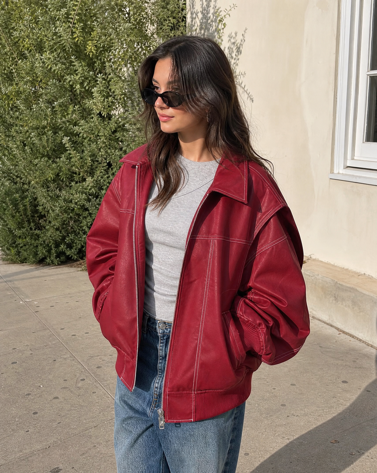 Bomber Jacket Oversized Burgundy Women's Zip-Up Collared – Casual, Holiday, Everyday Layering