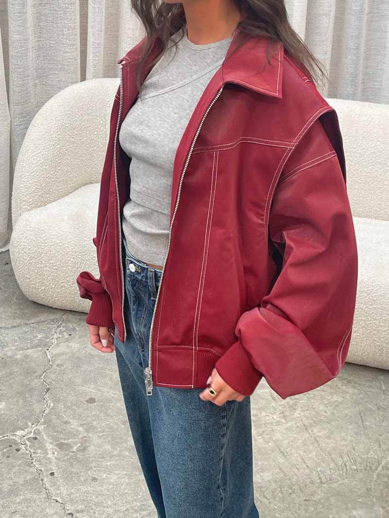 Bomber Jacket Oversized Burgundy Women's Zip-Up Collared – Casual, Holiday, Everyday Layering