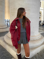 Bomber Jacket Oversized Burgundy Women's Zip-Up Collared – Casual, Holiday, Everyday Layering