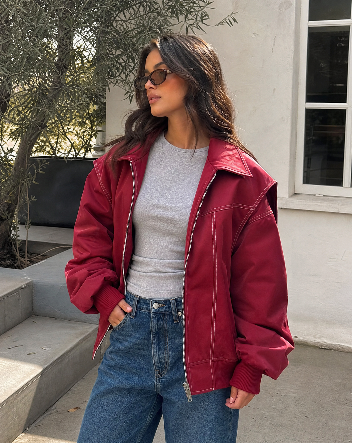 Bomber Jacket Oversized Burgundy Women's Zip-Up Collared – Casual, Holiday, Everyday Layering