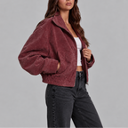 Bomber Jacket Suede Burgundy Women's Oversized Zip Up Stand Collar – Casual, Autumn Layering, Gift