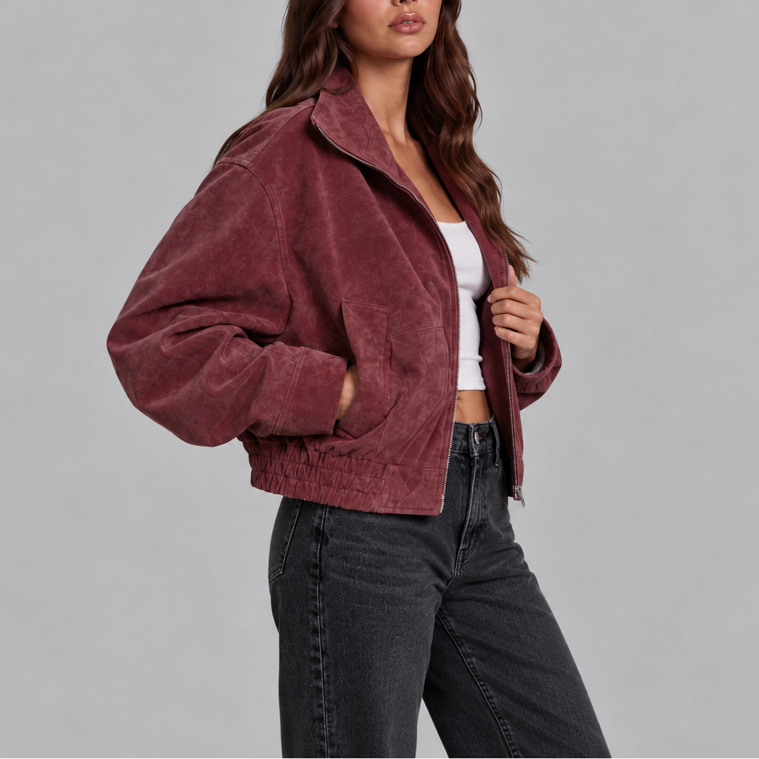 Bomber Jacket Suede Burgundy Women's Oversized Zip Up Stand Collar – Casual, Autumn Layering, Gift
