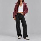 Bomber Jacket Suede Burgundy Women's Oversized Zip Up Stand Collar – Casual, Autumn Layering, Gift