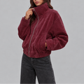 Bomber Jacket Suede Burgundy Women's Oversized Zip Up Stand Collar – Casual, Autumn Layering, Gift