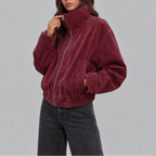 Bomber Jacket Suede Burgundy Women's Oversized Zip Up Stand Collar – Casual, Autumn Layering, Gift