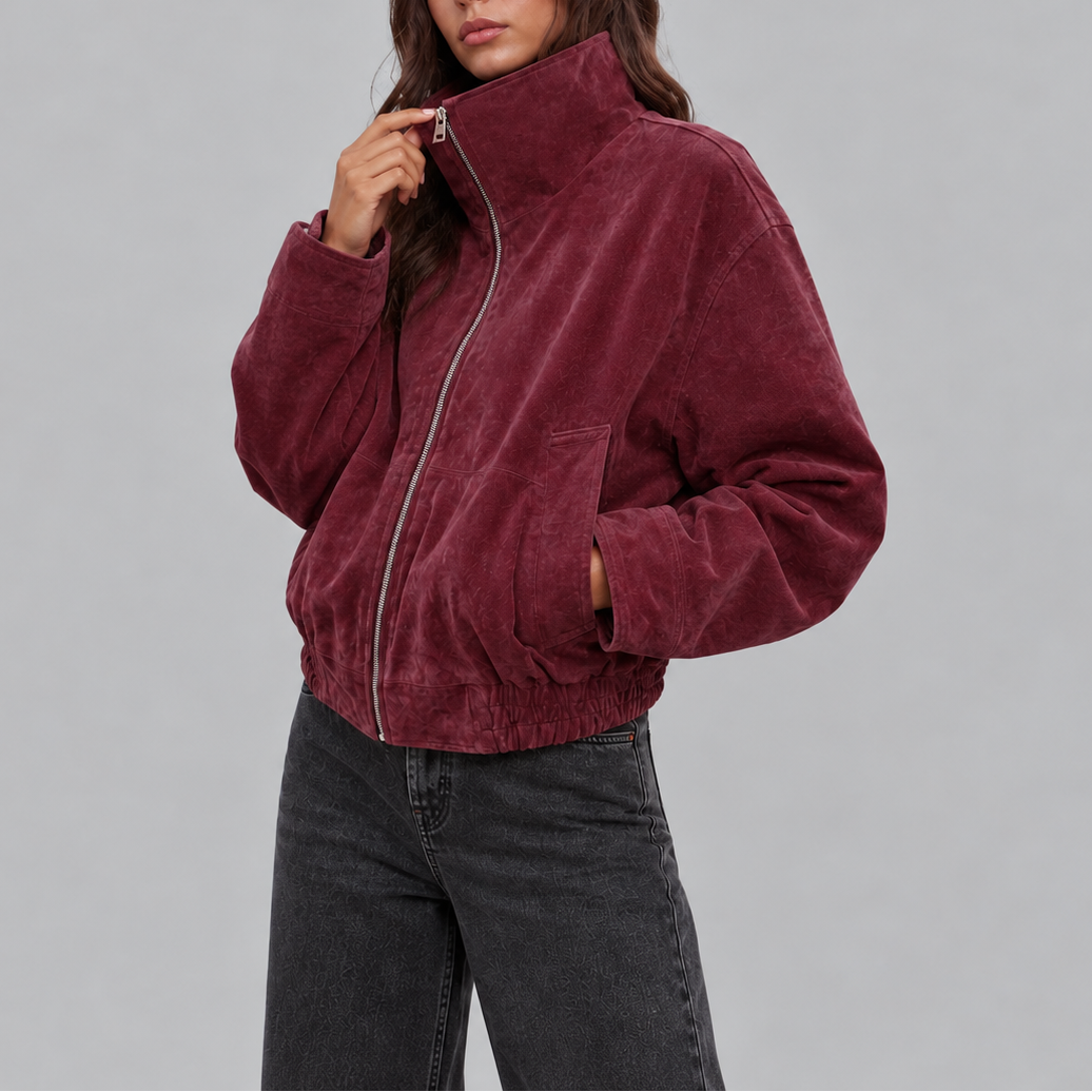 Bomber Jacket Suede Burgundy Women's Oversized Zip Up Stand Collar – Casual, Autumn Layering, Gift