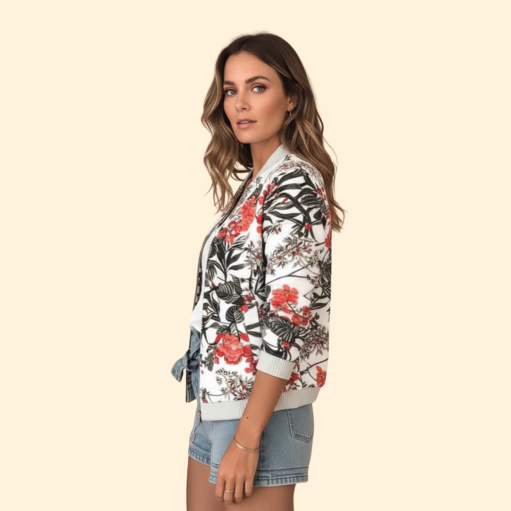 Bomber Jacket Women's Floral Print White Red Full Zip – Casual, Holiday, Office, Gift