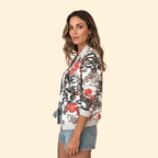 Bomber Jacket Women's Floral Print White Red Full Zip – Casual, Holiday, Office, Gift