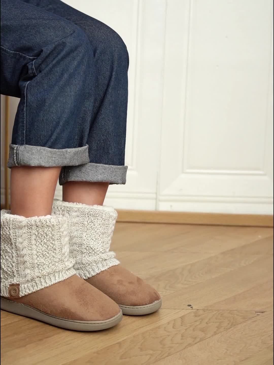 Bootie Slippers Knit-Cuff Faux Suede Fleece-Lined Women's – Home, Cosy Indoor, Winter, Gift