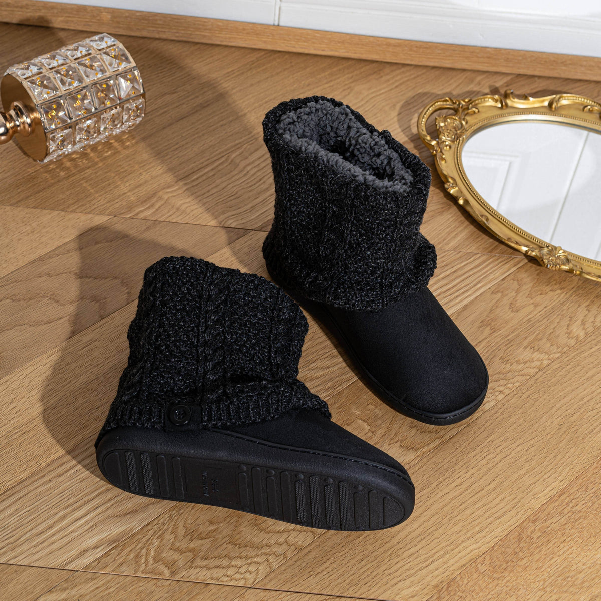Bootie Slippers Knit-Cuff Faux Suede Fleece-Lined Women's – Home, Cosy Indoor, Winter, Gift
