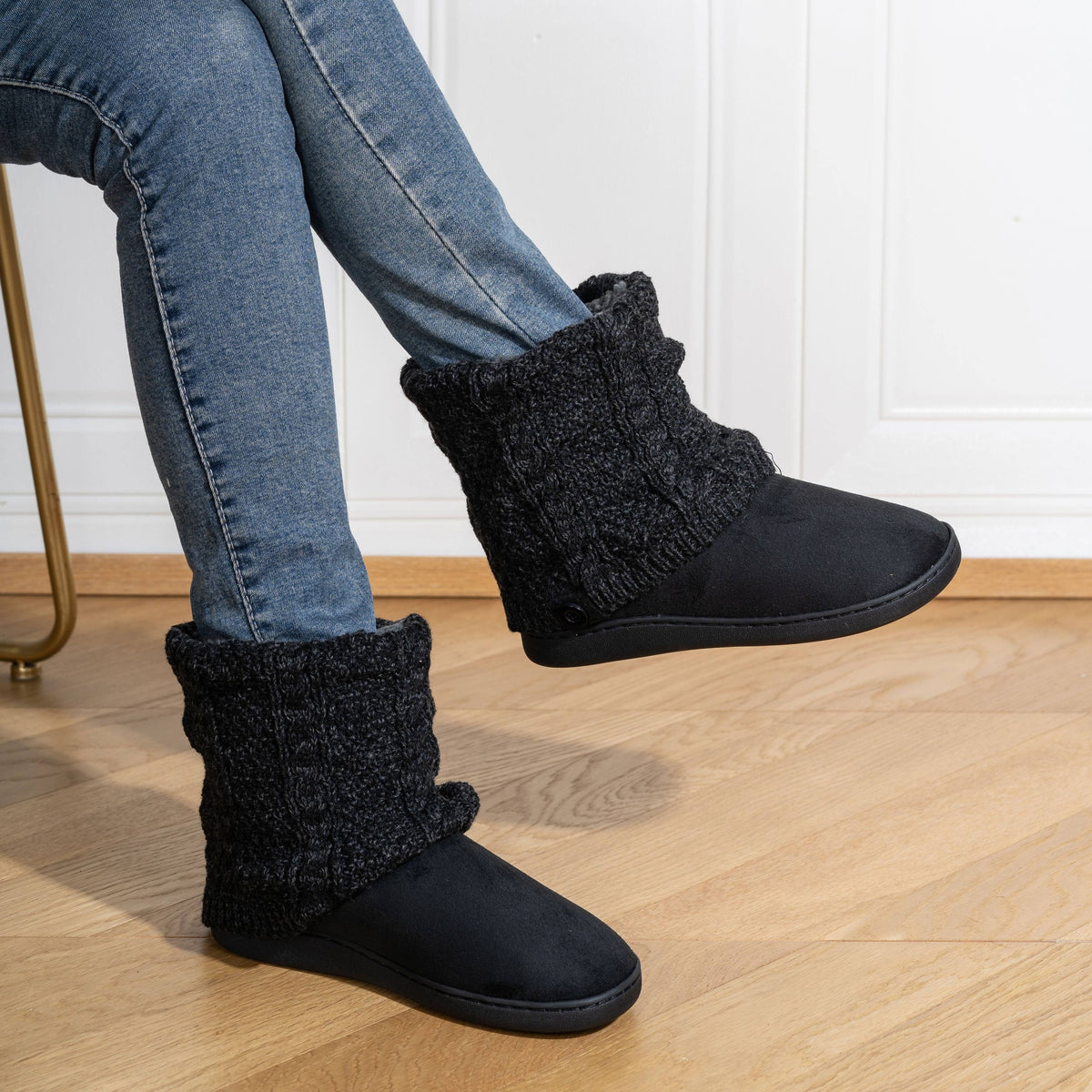Bootie Slippers Knit-Cuff Faux Suede Fleece-Lined Women's – Home, Cosy Indoor, Winter, Gift