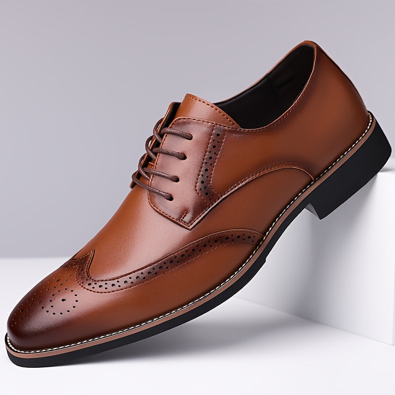 Brogue Dress Shoes Leather Black Men's Lace-Up Wingtip – Office, Wedding, Formal, Gift