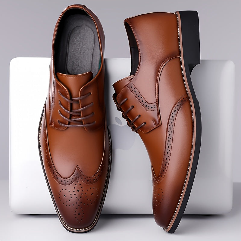 Brogue Dress Shoes Leather Black Men's Lace-Up Wingtip – Office, Wedding, Formal, Gift