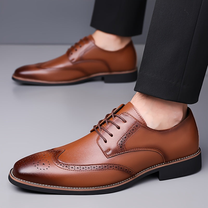 Brogue Dress Shoes Leather Black Men's Lace-Up Wingtip – Office, Wedding, Formal, Gift