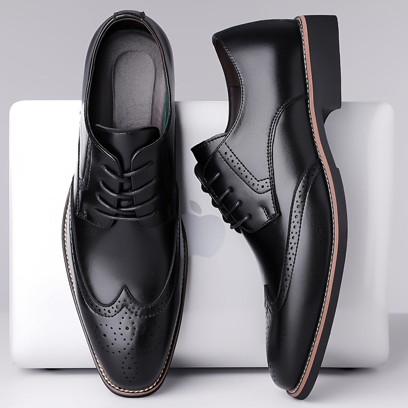 Brogue Dress Shoes Leather Black Men's Lace-Up Wingtip – Office, Wedding, Formal, Gift