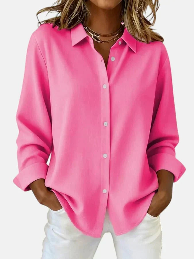 Button-Up Shirt Blouse Pink Long Sleeve Women's Collared Top – Casual, Office, Holiday