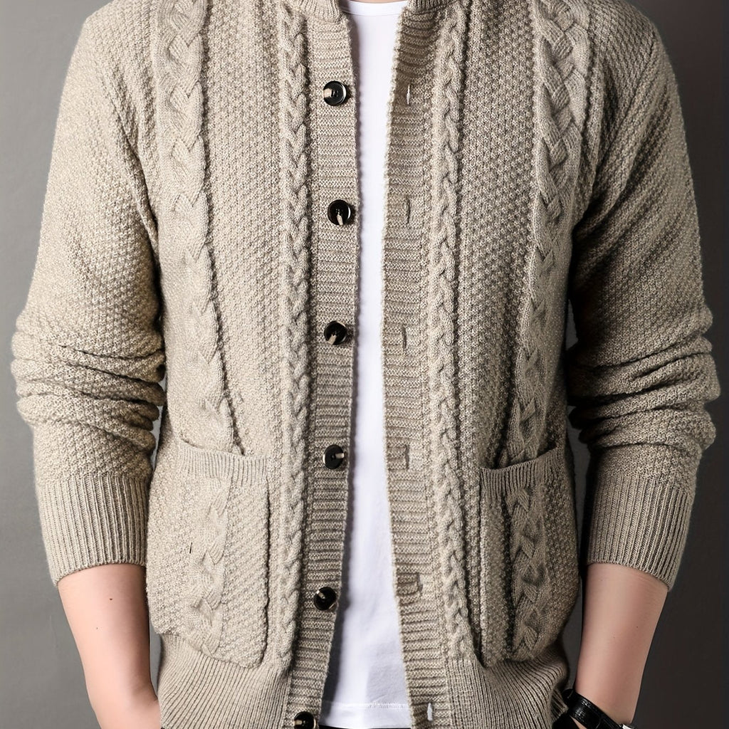 Cable Knit Cardigan Black Men's Button-Front Sweater with Pockets – Casual, Office, Holiday, Gift