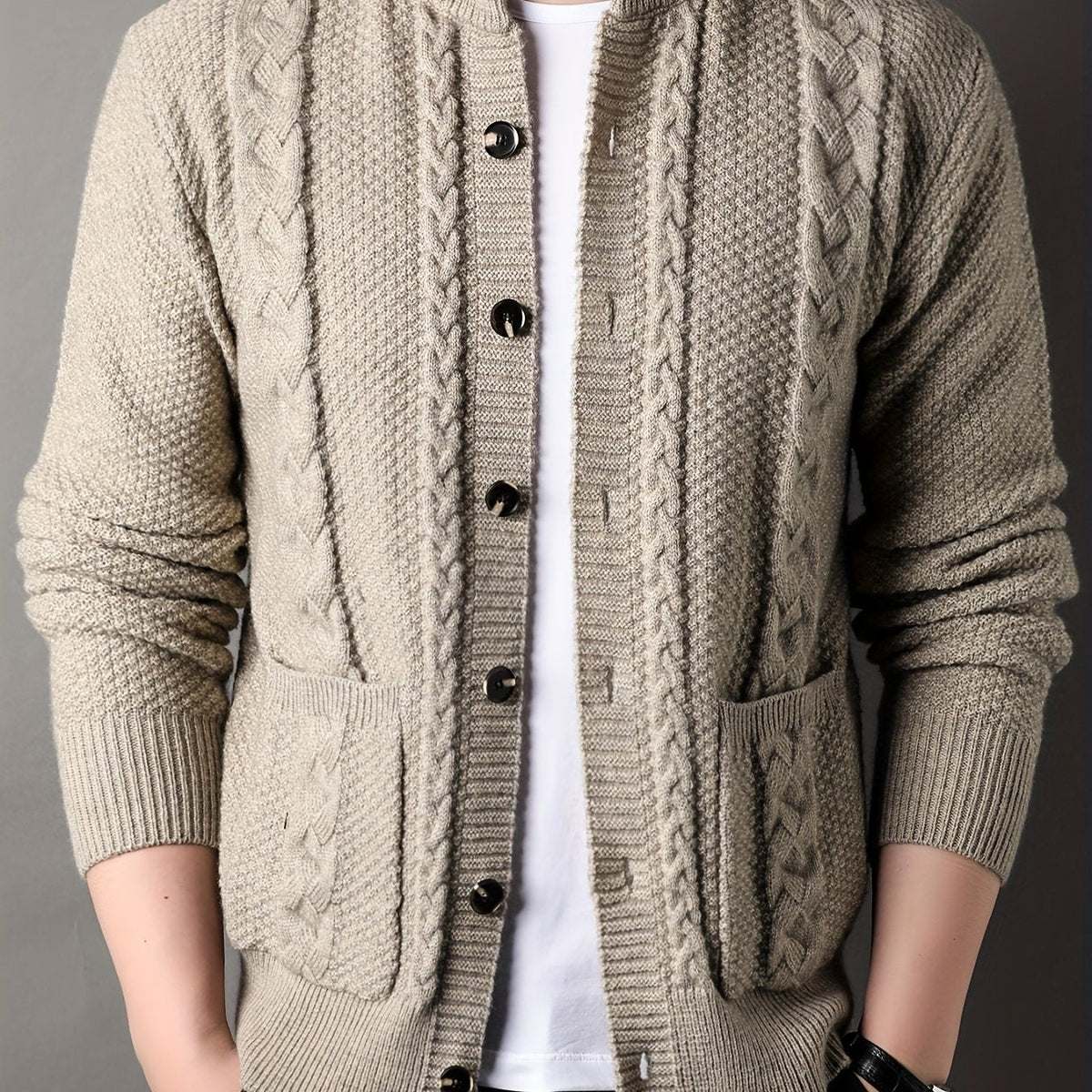 Cable Knit Cardigan Black Men's Button-Front Sweater with Pockets – Casual, Office, Holiday, Gift