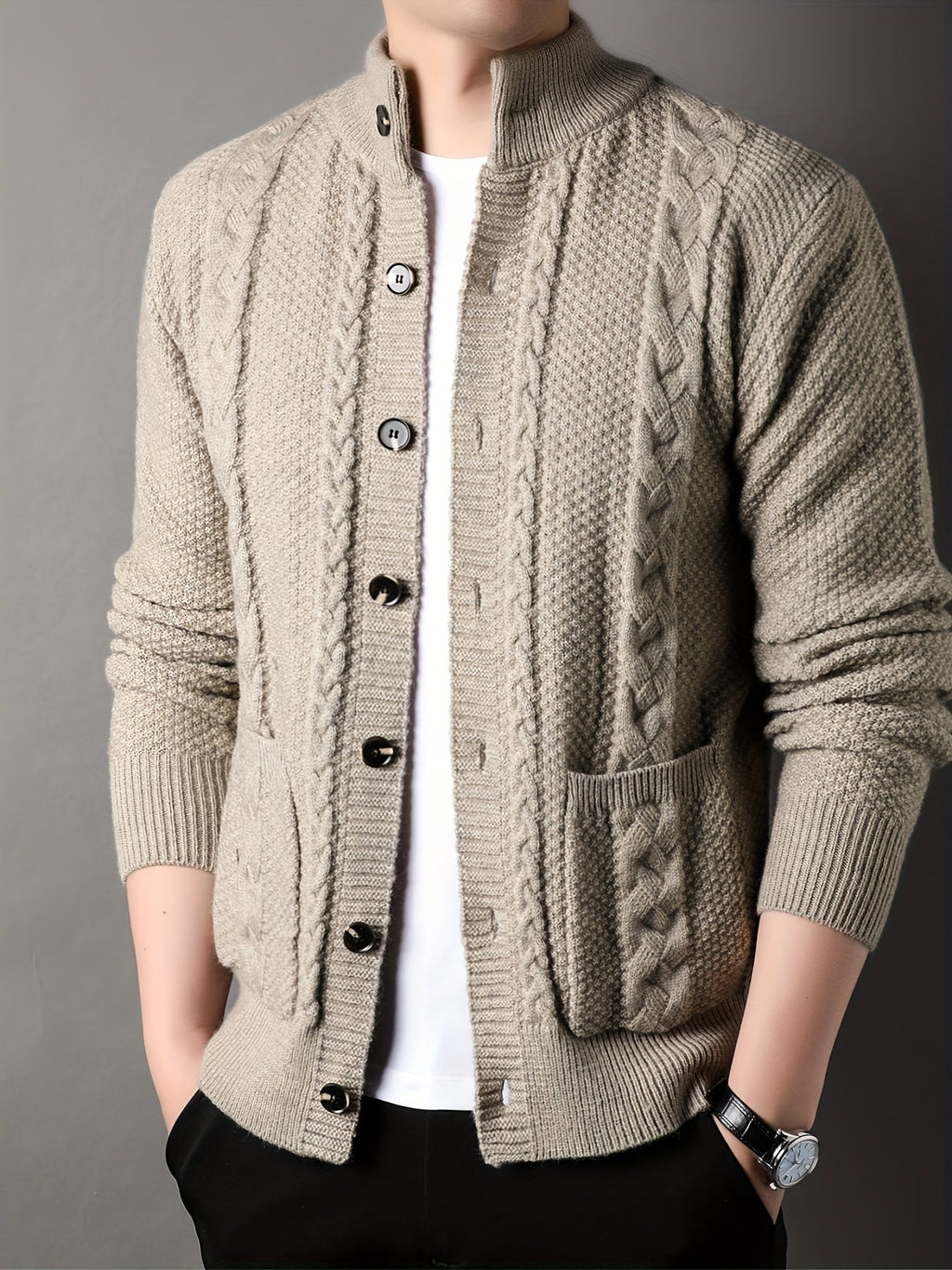 Cable Knit Cardigan Black Men's Button-Front Sweater with Pockets – Casual, Office, Holiday, Gift