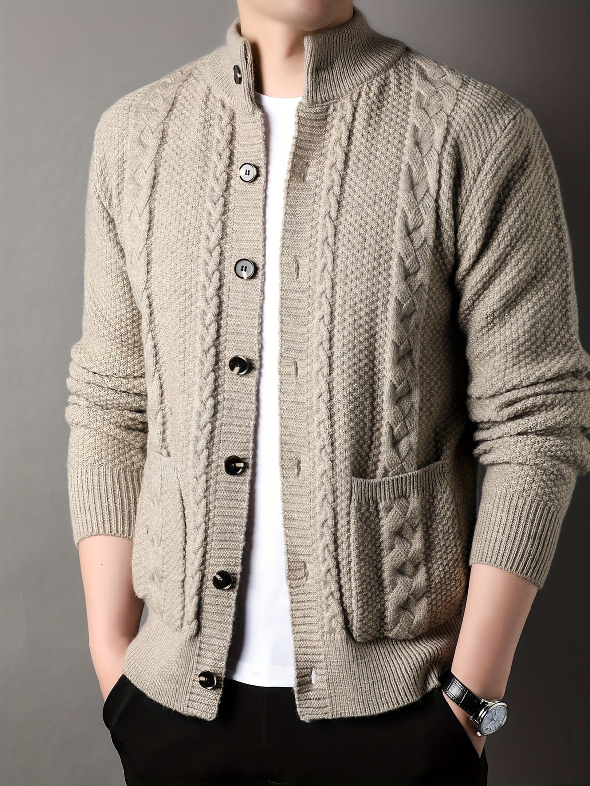 Cable Knit Cardigan Black Men's Button-Front Sweater with Pockets – Casual, Office, Holiday, Gift