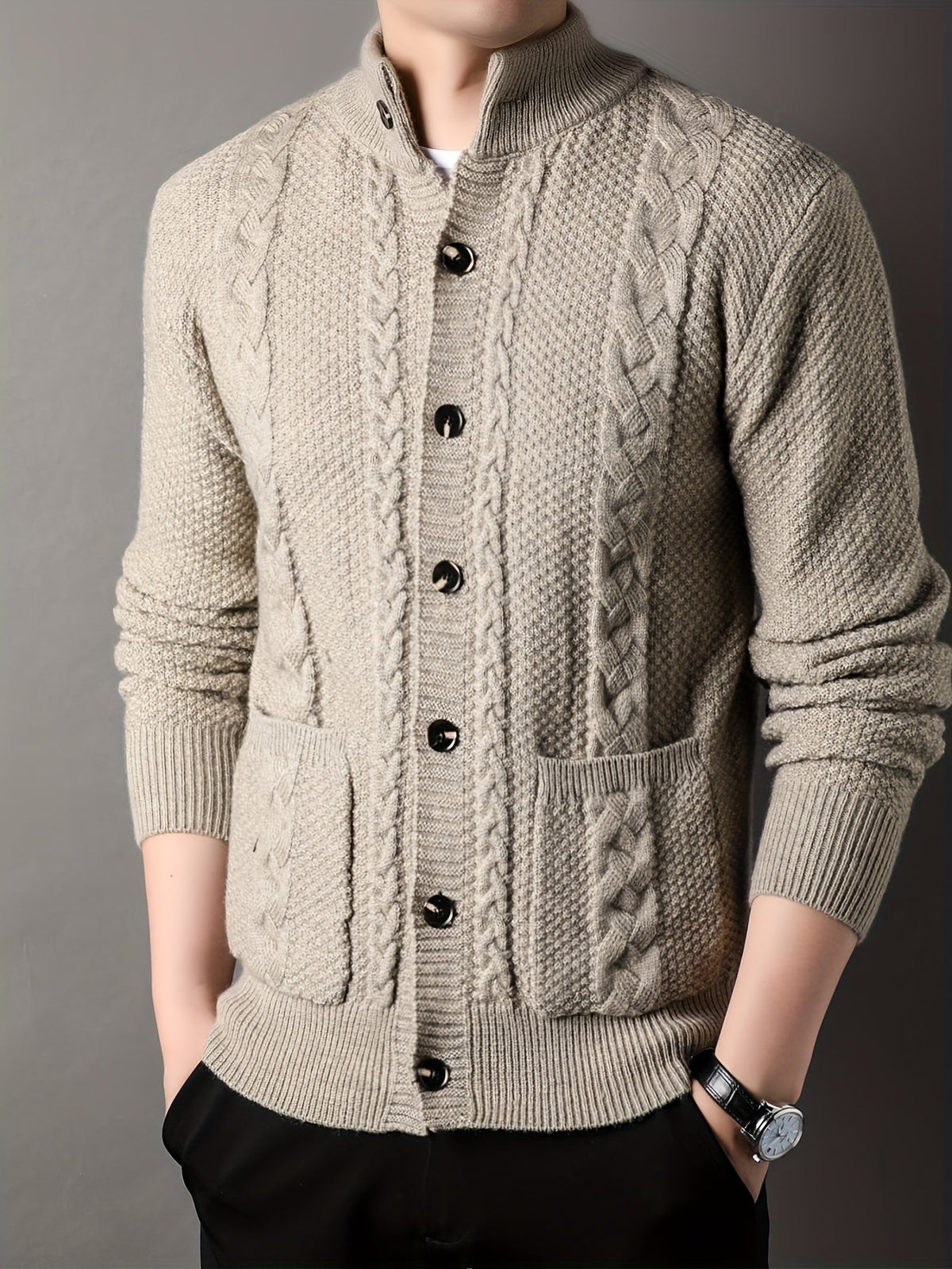 Cable Knit Cardigan Black Men's Button-Front Sweater with Pockets – Casual, Office, Holiday, Gift
