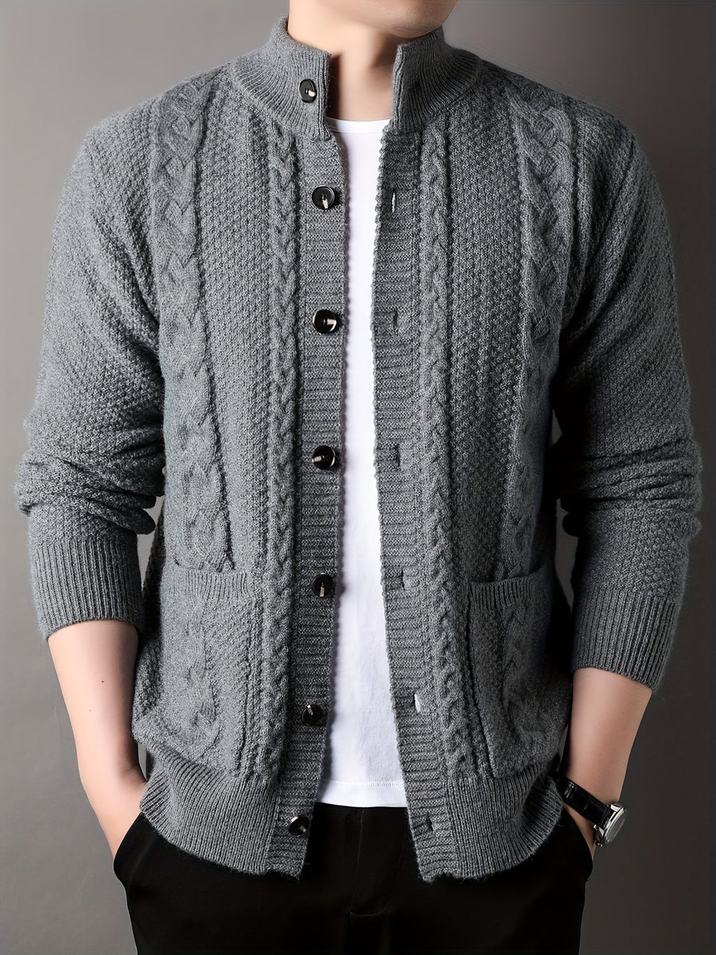 Cable Knit Cardigan Black Men's Button-Front Sweater with Pockets – Casual, Office, Holiday, Gift