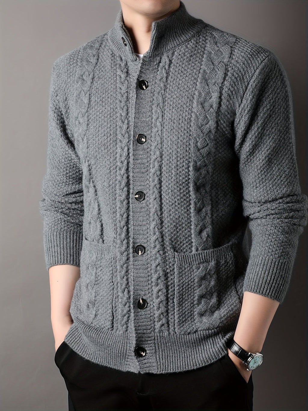 Cable Knit Cardigan Black Men's Button-Front Sweater with Pockets – Casual, Office, Holiday, Gift