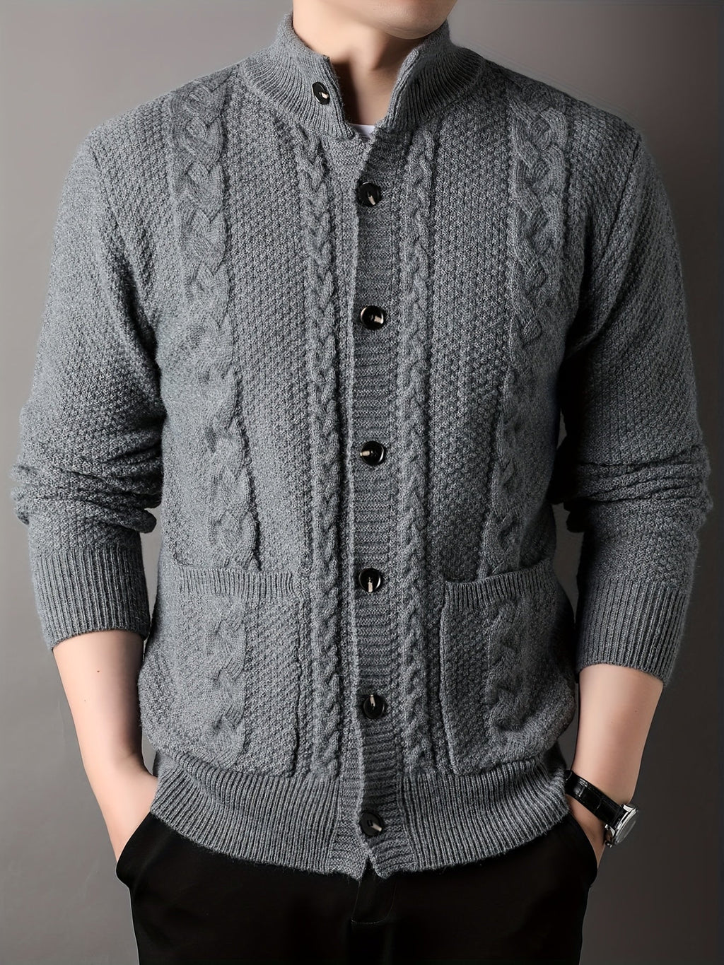 Cable Knit Cardigan Black Men's Button-Front Sweater with Pockets – Casual, Office, Holiday, Gift