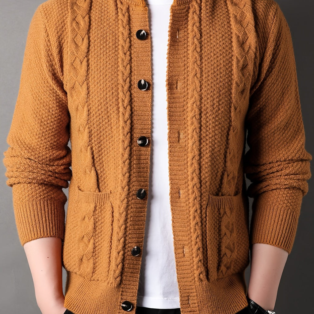 Cable Knit Cardigan Black Men's Button-Front Sweater with Pockets – Casual, Office, Holiday, Gift