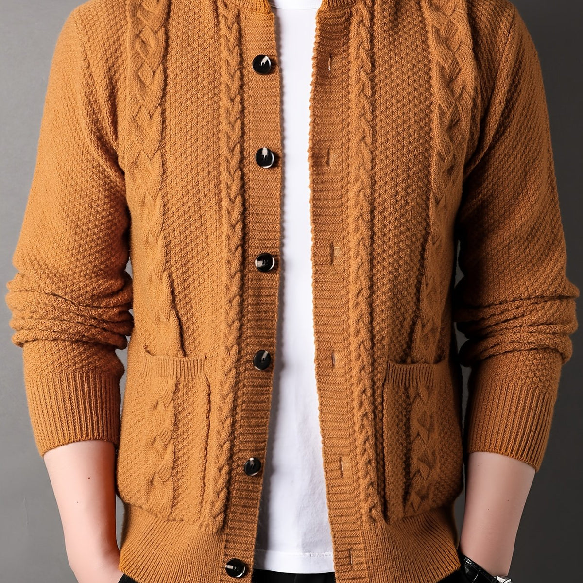 Cable Knit Cardigan Black Men's Button-Front Sweater with Pockets – Casual, Office, Holiday, Gift