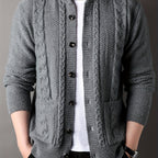 Cable Knit Cardigan Black Men's Button-Front Sweater with Pockets – Casual, Office, Holiday, Gift