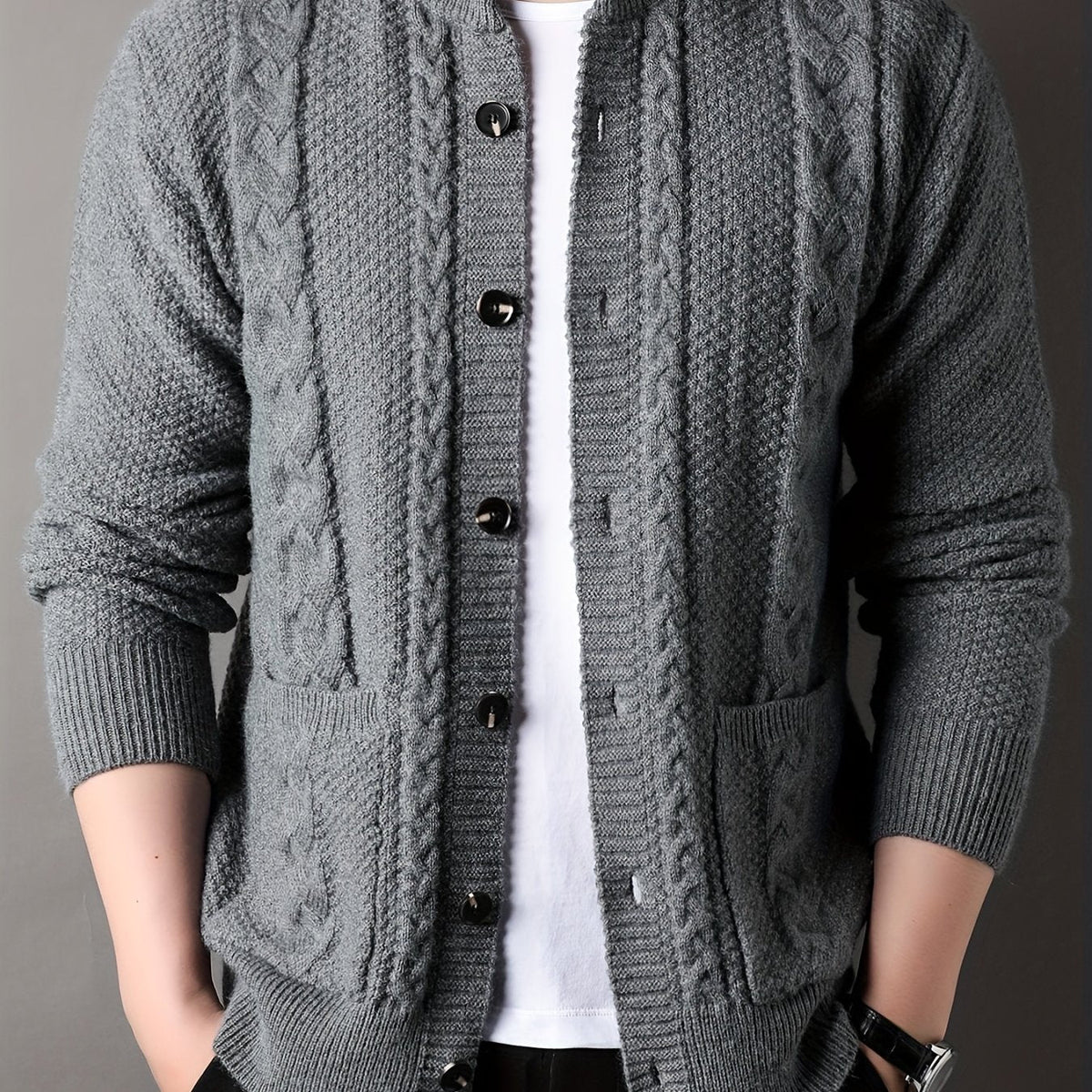 Cable Knit Cardigan Black Men's Button-Front Sweater with Pockets – Casual, Office, Holiday, Gift