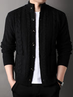 Cable Knit Cardigan Black Men's Button-Front Sweater with Pockets – Casual, Office, Holiday, Gift