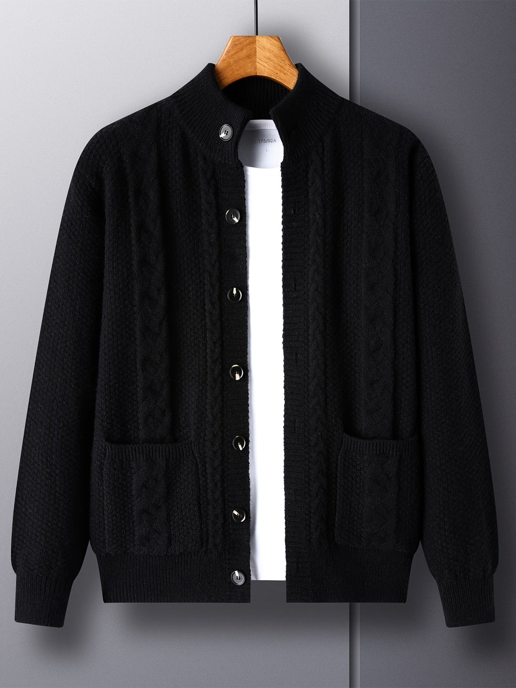 Cable Knit Cardigan Black Men's Button-Front Sweater with Pockets – Casual, Office, Holiday, Gift