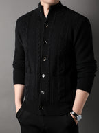 Cable Knit Cardigan Black Men's Button-Front Sweater with Pockets – Casual, Office, Holiday, Gift