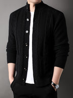 Cable Knit Cardigan Black Men's Button-Front Sweater with Pockets – Casual, Office, Holiday, Gift