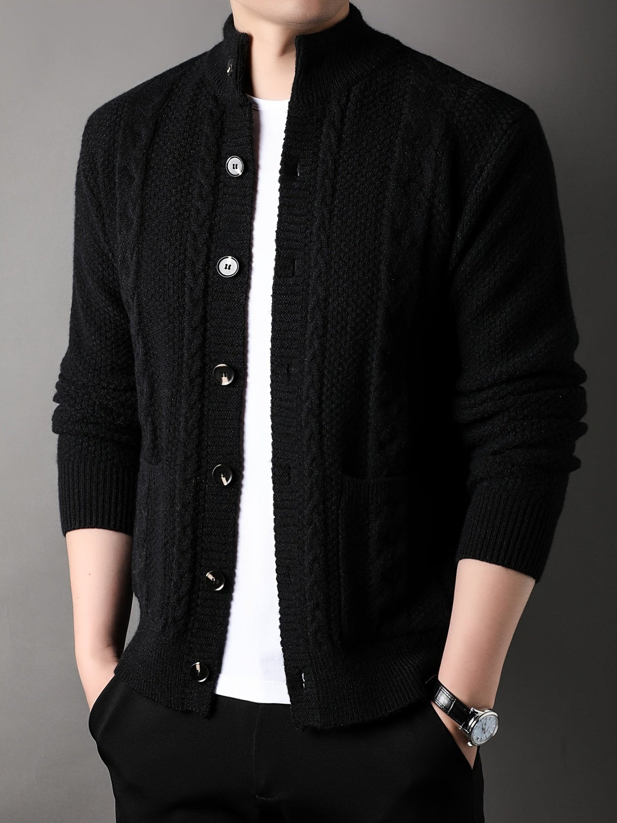 Cable Knit Cardigan Black Men's Button-Front Sweater with Pockets – Casual, Office, Holiday, Gift
