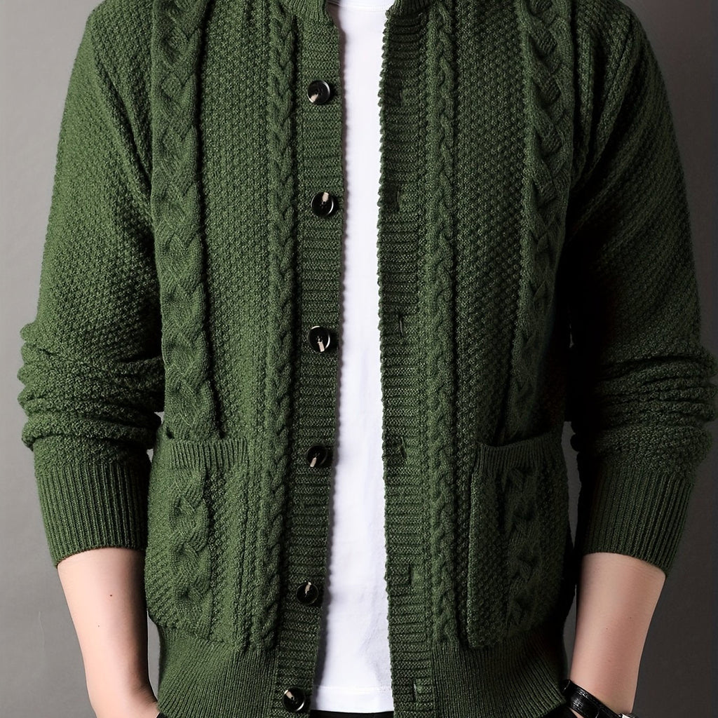 Cable Knit Cardigan Black Men's Button-Front Sweater with Pockets – Casual, Office, Holiday, Gift