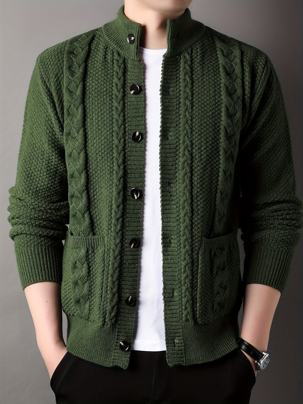 Cable Knit Cardigan Black Men's Button-Front Sweater with Pockets – Casual, Office, Holiday, Gift