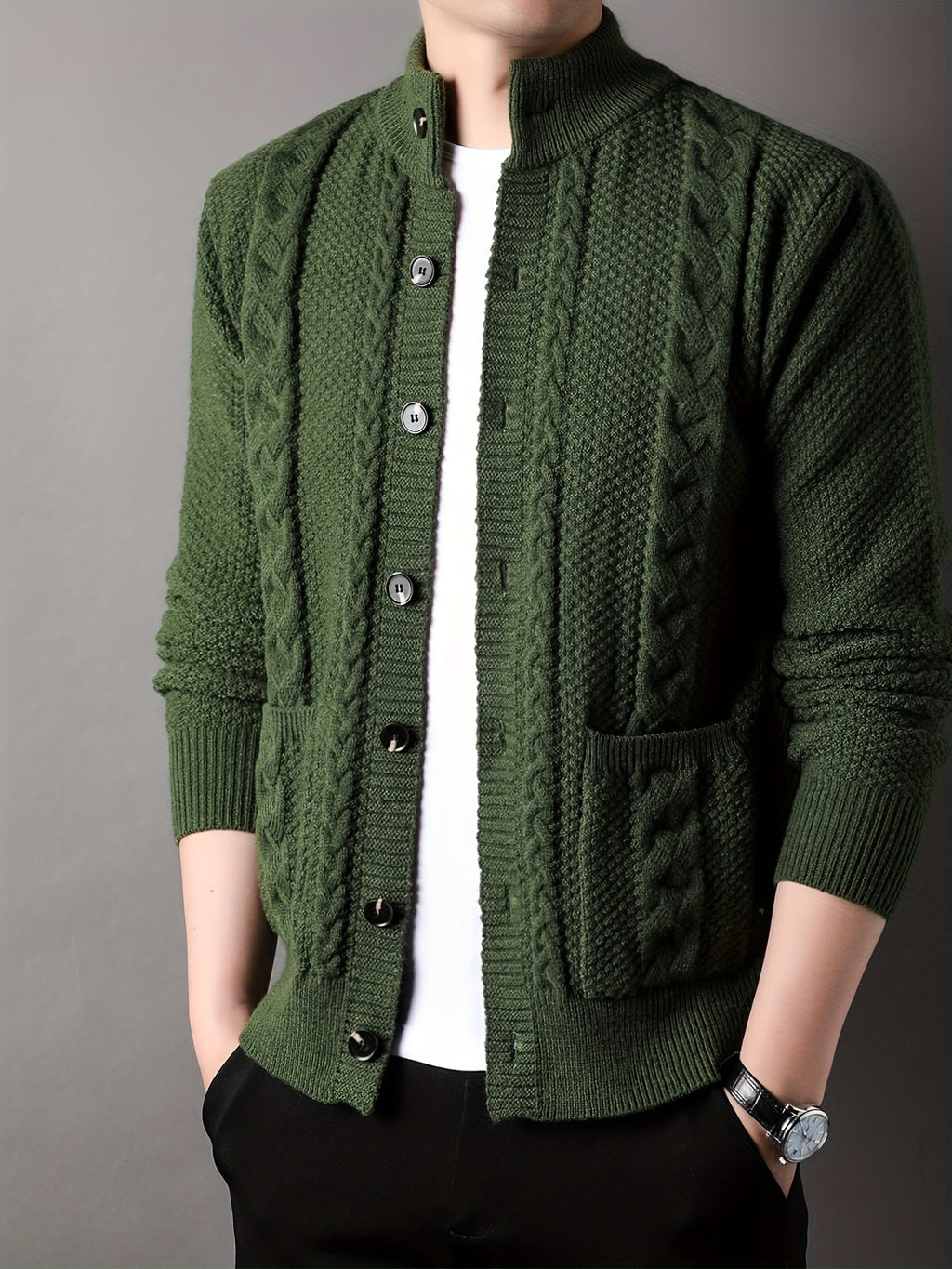 Cable Knit Cardigan Black Men's Button-Front Sweater with Pockets – Casual, Office, Holiday, Gift