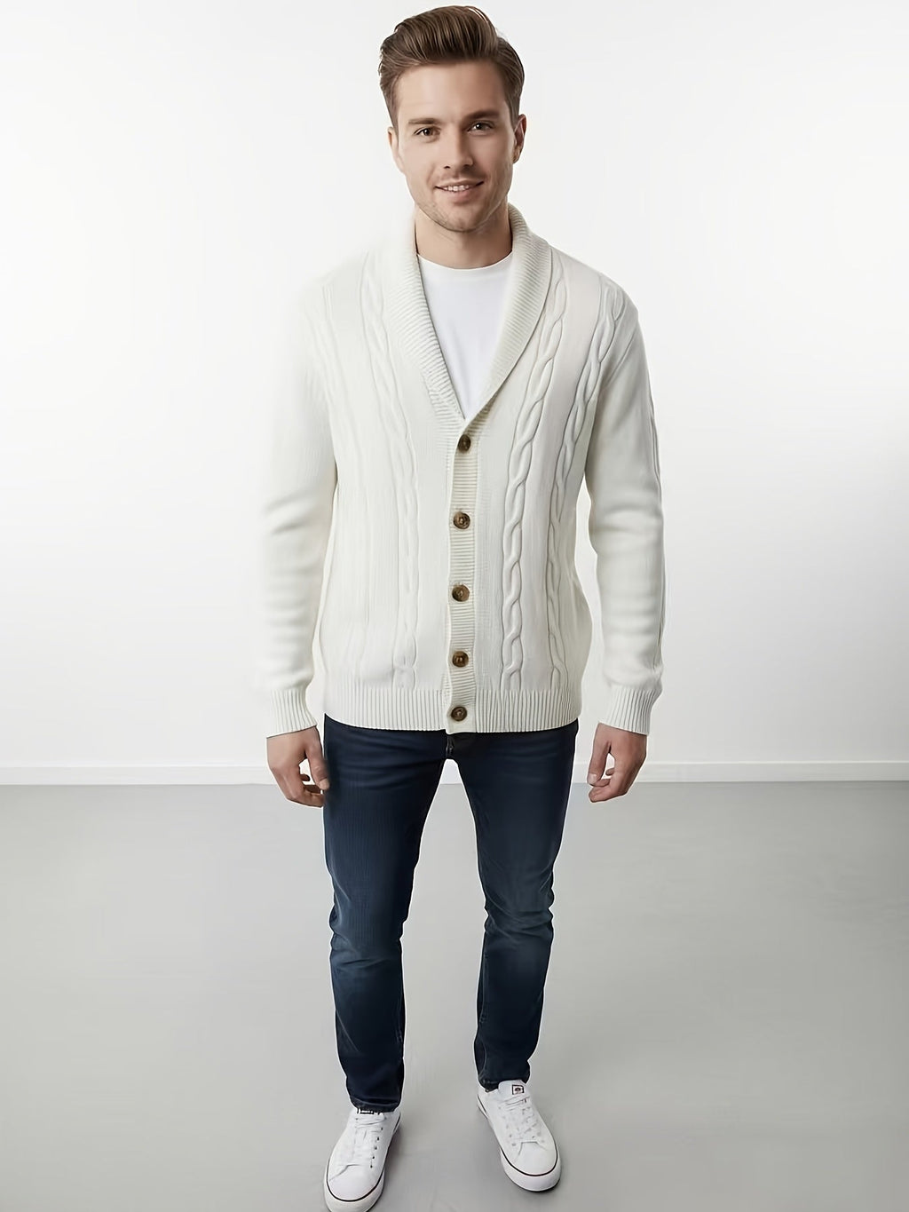 Cable Knit Cardigan Black Men's Button-Up Sweater – Casual, Office, Autumn Layering, Gift