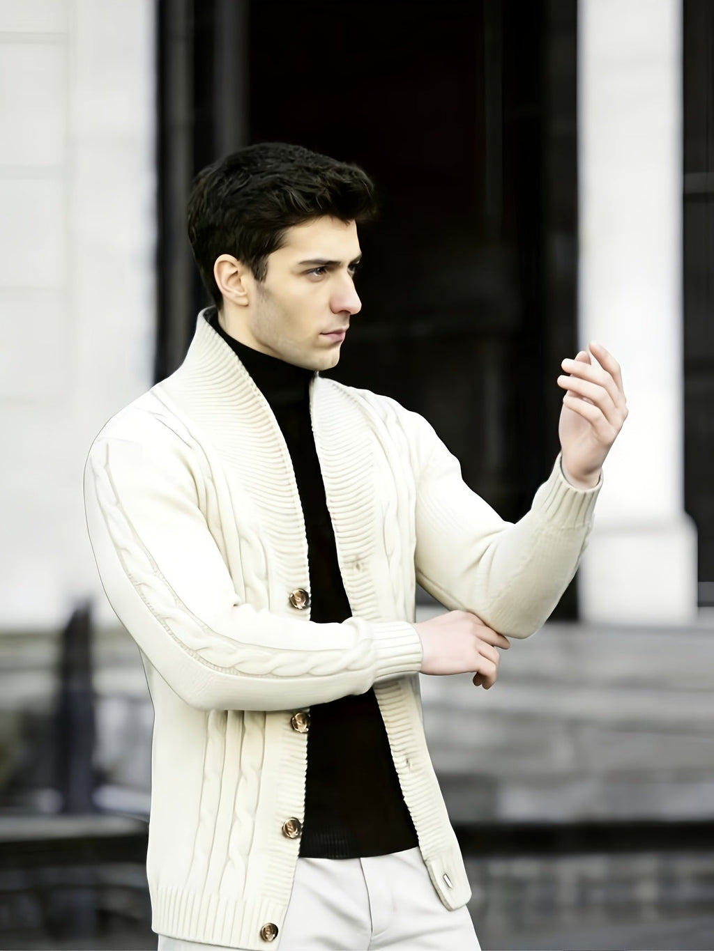 Cable Knit Cardigan Black Men's Button-Up Sweater – Casual, Office, Autumn Layering, Gift
