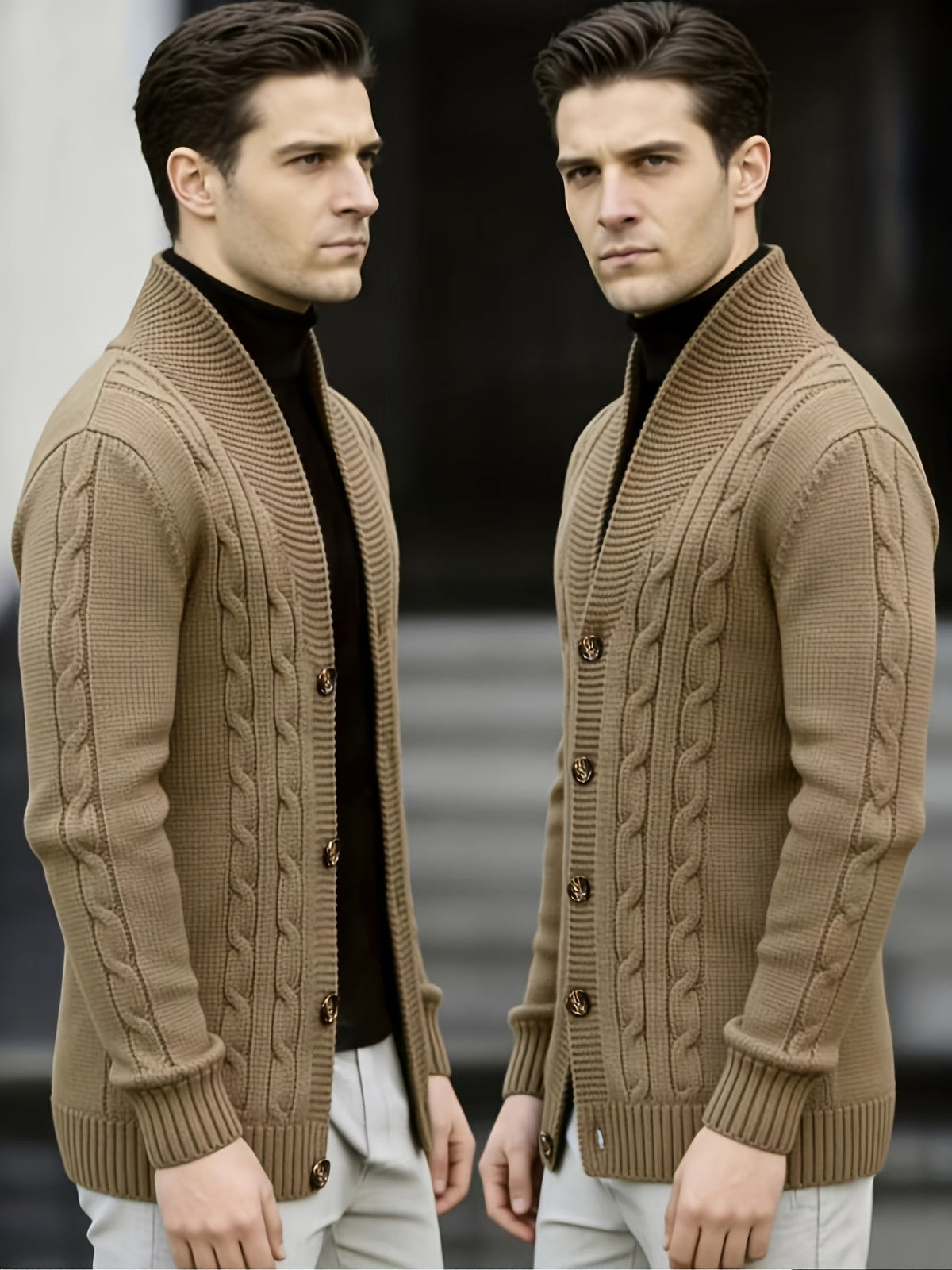 Cable Knit Cardigan Black Men's Button-Up Sweater – Casual, Office, Autumn Layering, Gift
