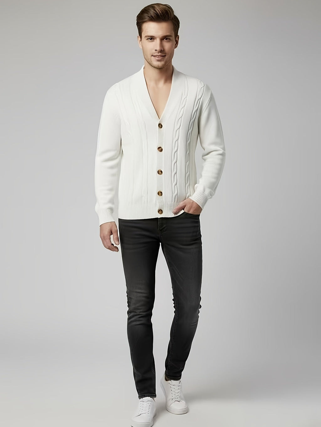 Cable Knit Cardigan Black Men's Button-Up Sweater – Casual, Office, Autumn Layering, Gift