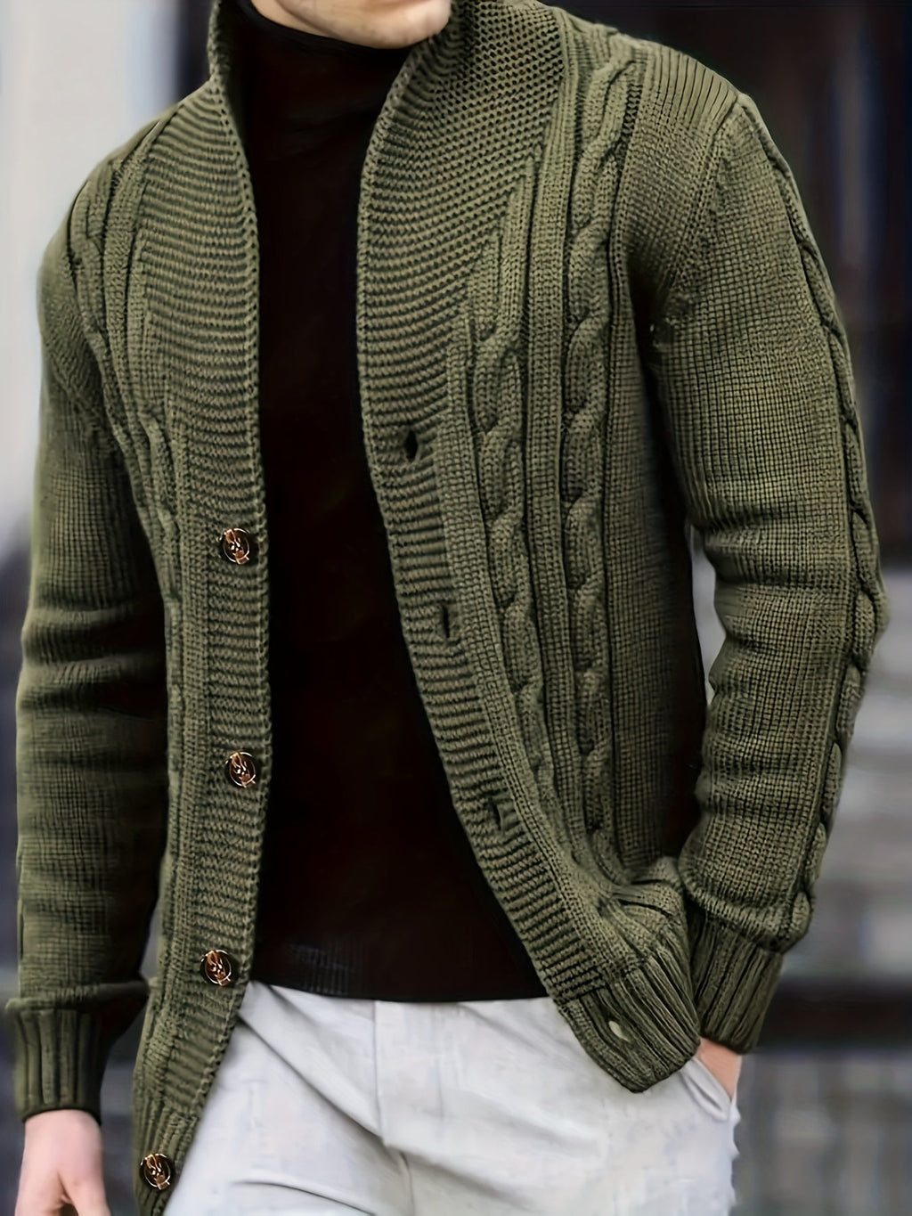 Cable Knit Cardigan Black Men's Button-Up Sweater – Casual, Office, Autumn Layering, Gift