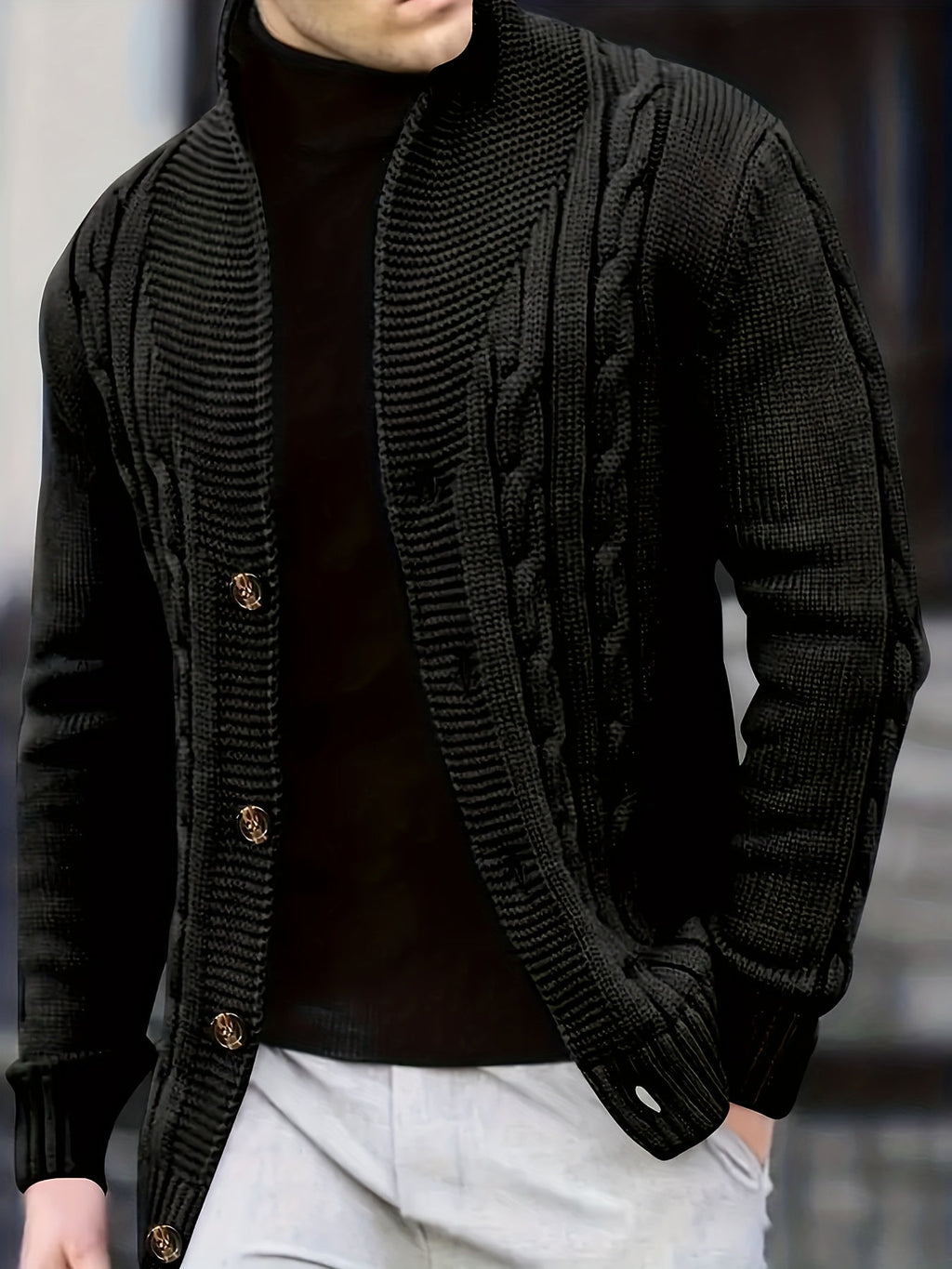 Cable Knit Cardigan Black Men's Button-Up Sweater – Casual, Office, Autumn Layering, Gift